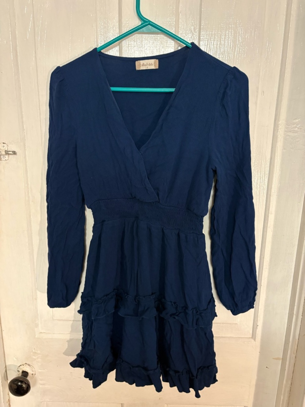 Navy Blue Long Sleeve Ruffle Wrap Dress